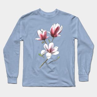 Magnolia Flower Watercolor -Pink Long Sleeve T-Shirt